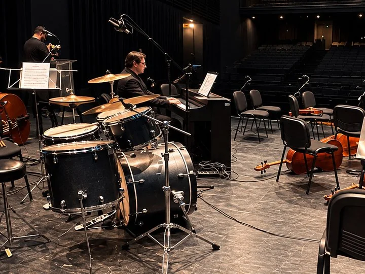 Alejandro Luna al piano en el escenario vacío, antes del concierto de la orquesta