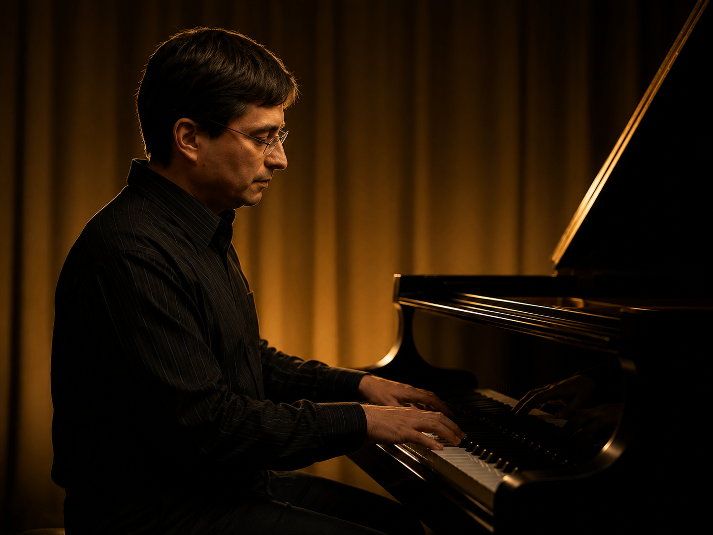Alejandro Luna tocando el piano, luz cálida